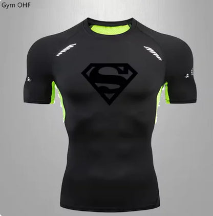 Stylish black and neon green men's gym t-shirt, featuring a prominent Superhero insignia, tailored for maximum breathability and quick-dry performance during fitness activities.