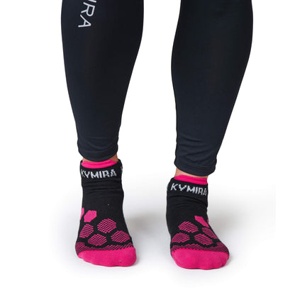 Close up of KYMIRA infrared ankle socks showcasing soft fabric and supportive design for superior comfort during workouts.