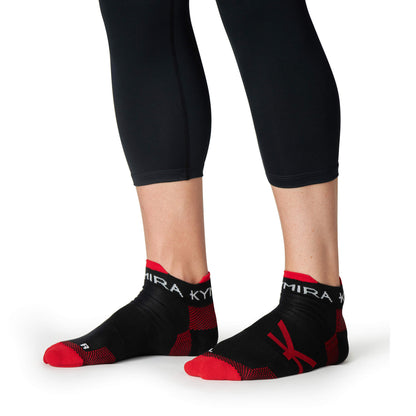 KYMIRA infrared ankle socks with anti-rub tabs exhibited in a luxurious setting, illustrating their durability and innovative design for high-performance wear.