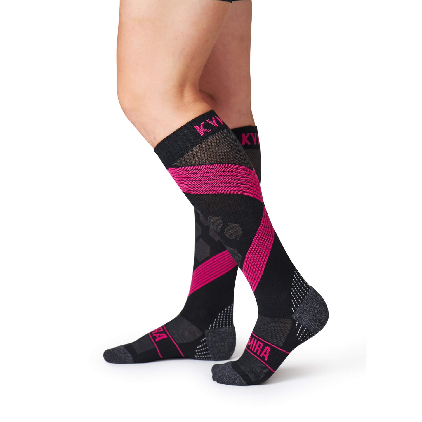 Stylish KYMIRA Infrared Compression Socks 2.0 in a luxurious design, perfect for athletes seeking elegant comfort and effective injury prevention during strenuous activities.