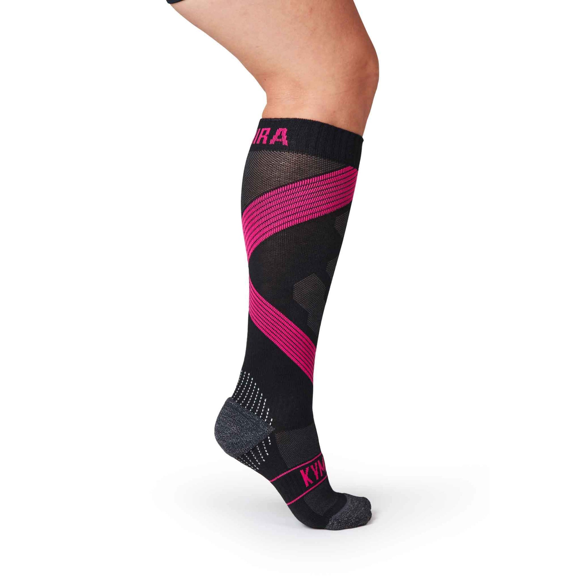 KYMIRA Infrared Compression Socks 2.0 displayed elegantly, highlighting the ribbed cuffs and advanced Kynergy technology for increased circulation and recovery in premium sportswear.