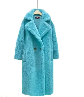 Long Winter Cashmere Lamb Winter Coat in chic turquoise, perfect for a fashionable winter statement.