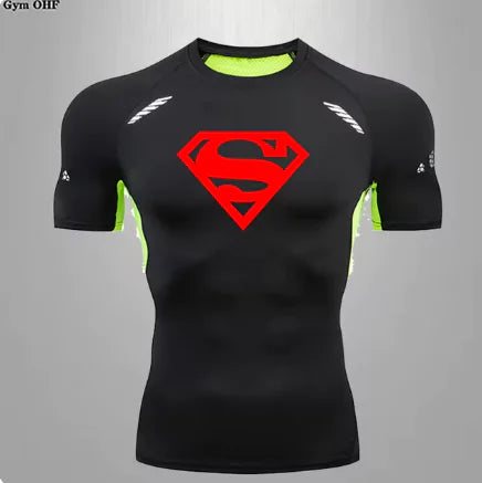 Sophisticated men's athletic t-shirt in black with neon green details, featuring a prominent red Superman logo, tailored for sports and fitness.