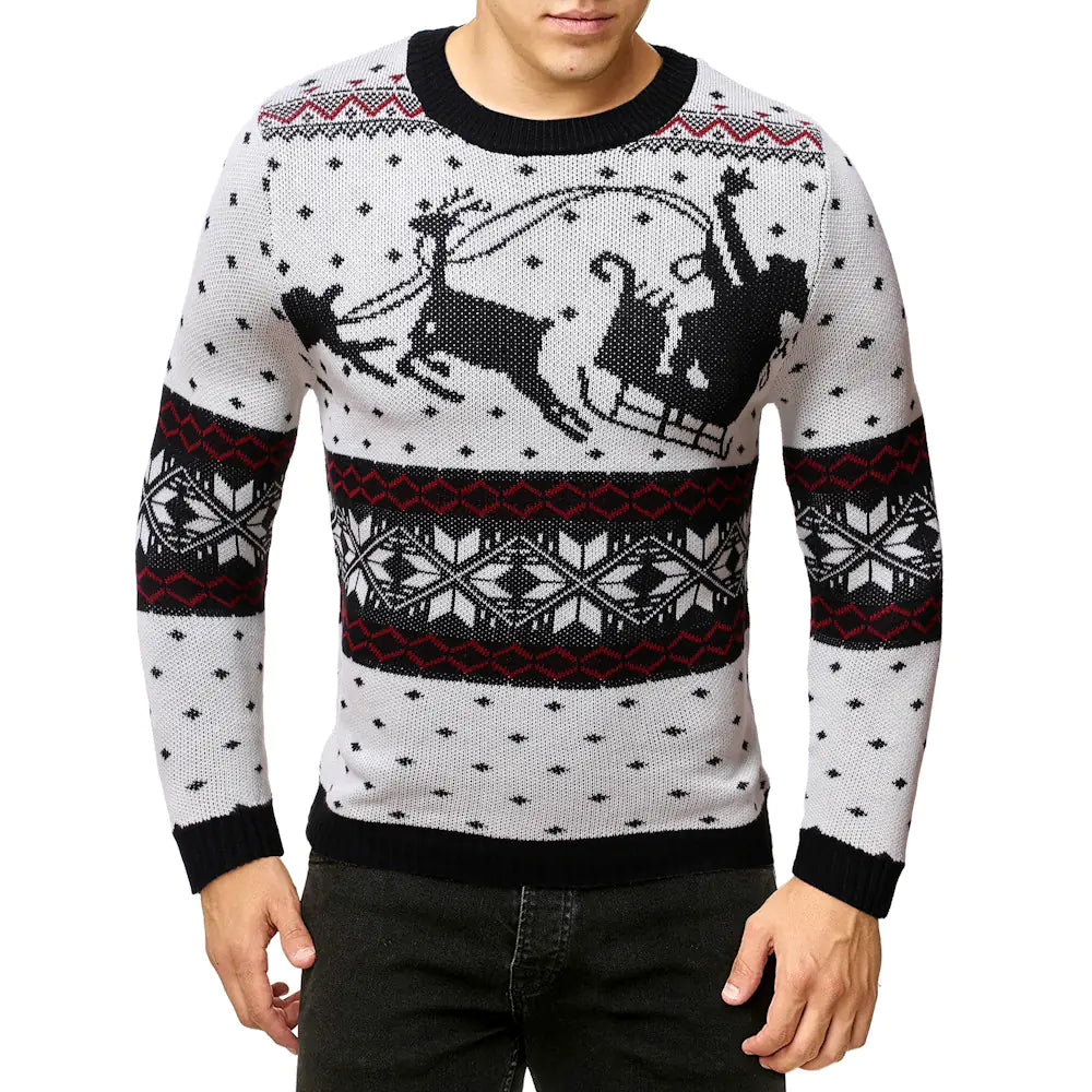 Luxurious men's festive reindeer sweater featuring a traditional knit design in white with black accents, perfect for holiday gatherings.
