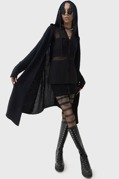 Luxurious Killstar Last Quarter Hooded Cardigan in soft lightweight knit, showcasing an oversized hood and dramatic dip hems, perfect for gothic layering.
