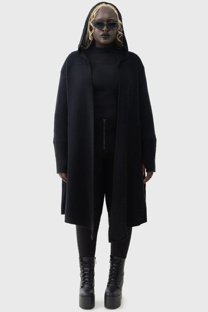 Model wearing the Killstar Last Quarter Hooded Cardigan, styled with dark, enchanting outfits, highlighting its versatile dramatic silhouette.