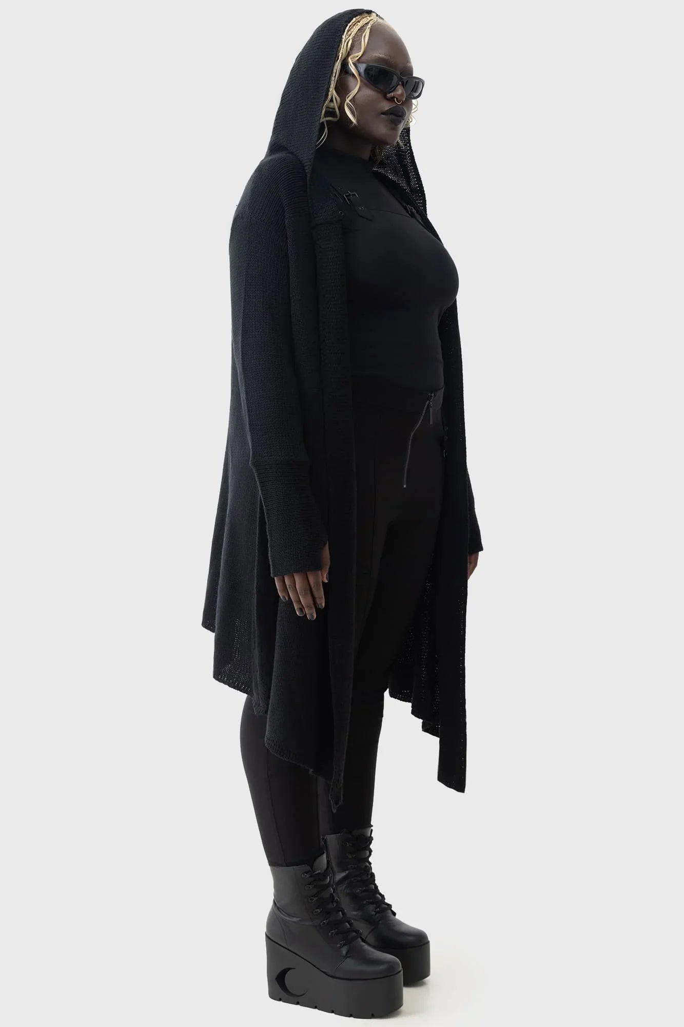 Elegant Killstar Last Quarter Hooded Cardigan in a lightweight knit, featuring dramatic dip hems and an oversized hood, exuding gothic luxury.