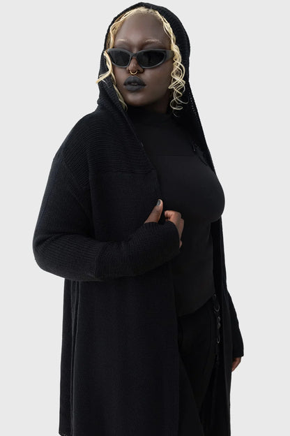 Model wearing the Killstar Last Quarter Hooded Cardigan, styled for an effortless gothic look, highlighting the relaxed fit and long sleeves.