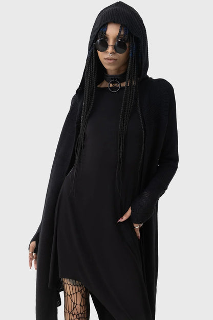 Full view of the Killstar Last Quarter Hooded Cardigan, epitomising luxury gothic fashion, perfect for layering over both casual and evening outfits.