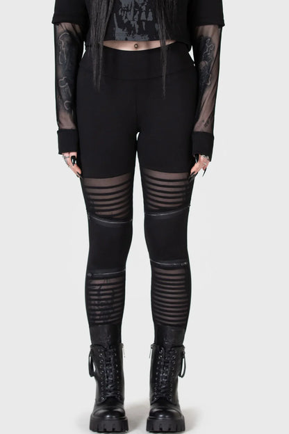 Detail view of stylish Killstar Clara’s Trap Leggings highlighting the comfortable elasticated waistband and high-waisted fit for a flattering silhouette.
