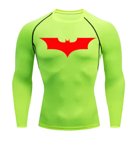 Vibrant green long sleeve compression shirt for men displaying a bold red bat logo, ideal for active lifestyles and sun defence.