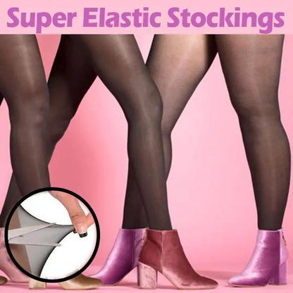 FadFashion Women's Ultimate Super Elastic Stockings displayed on elegant legs, showcasing unmatched comfort and flawless fit on a pink background, perfect for any occasion.