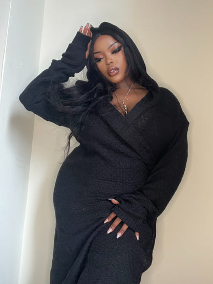 Versatile Necessary Evil Athena Long Hooded Cardigan styled over a dress, exemplifying the perfect blend of warmth and dramatic flair for a distinct gothic look.