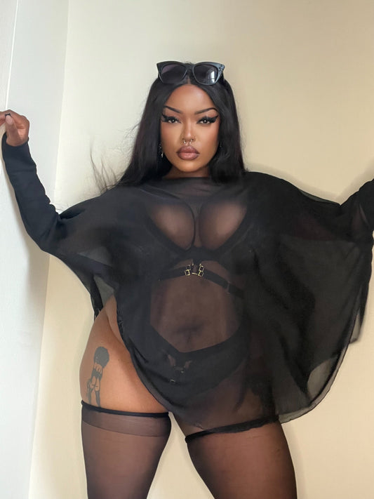 Necessary Evil Circe Mesh Top - Sheer Oversized Design with Double-Layered Sleeves, Sizes 8-22