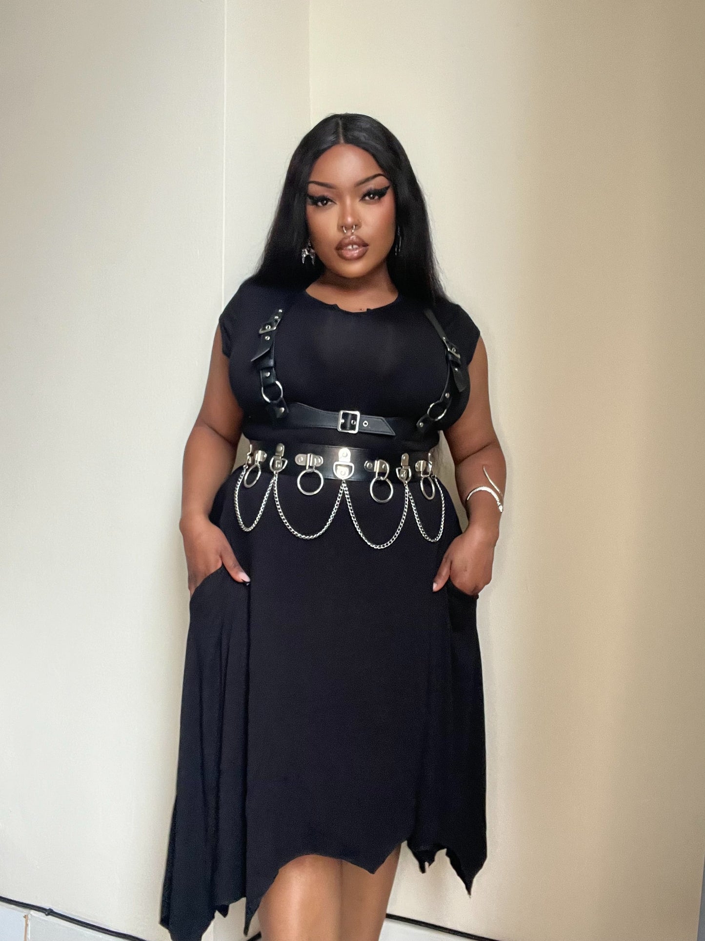 Versatile Necessary Evil Evaki Dress styled for day and night, embodying year-round gothic glamour with layering and accessories.