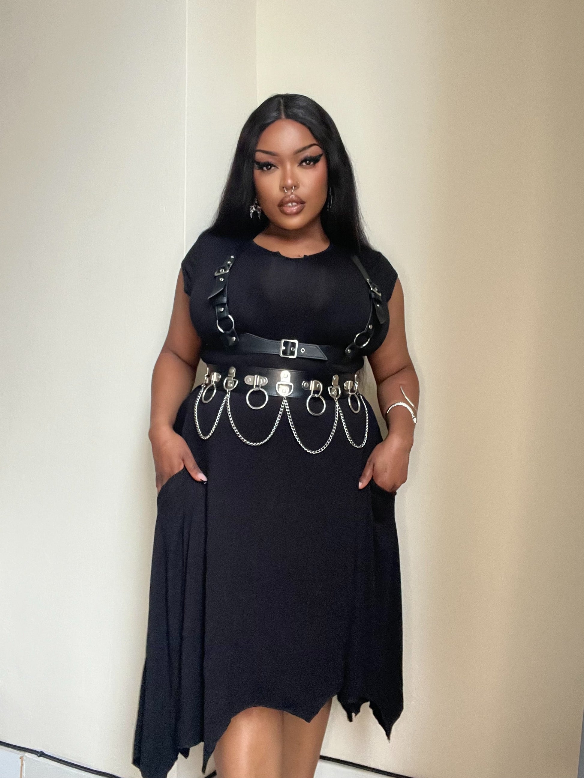 Versatile Necessary Evil Evaki Dress styled for day and night, embodying year-round gothic glamour with layering and accessories.