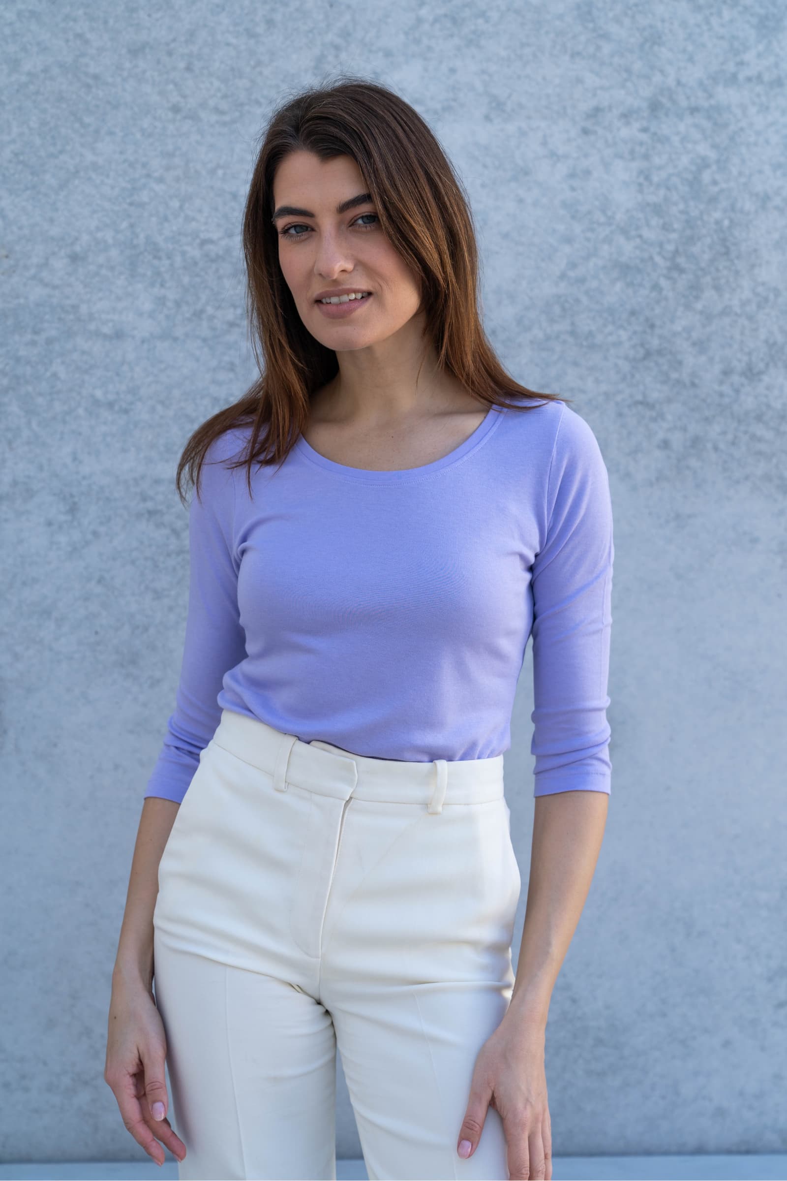 Elegant cotton-modal blend t-shirt with 3/4 sleeves and scoop neckline, perfect for versatile styling, available in UK sizes 8-16.