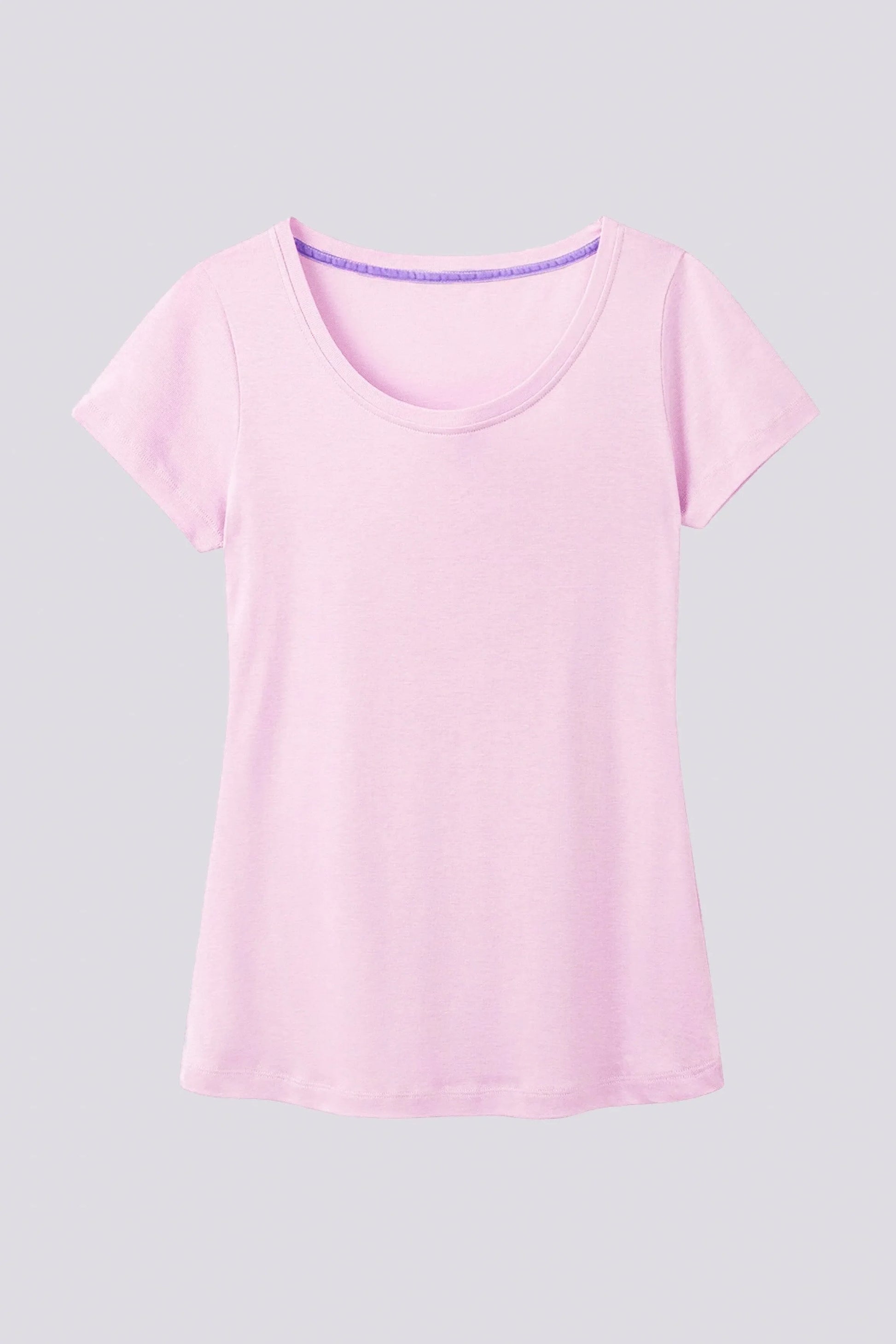 Model wearing a women's scoop neck cotton-modal blend T-shirt in a sophisticated pastel colour, highlighting the tailored fit and breathable fabric, perfect for year-round styling.