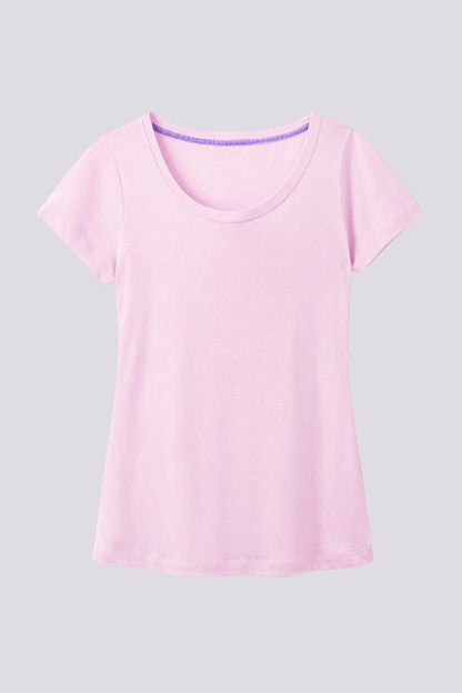 Model wearing a women's scoop neck cotton-modal blend T-shirt in a sophisticated pastel colour, highlighting the tailored fit and breathable fabric, perfect for year-round styling.
