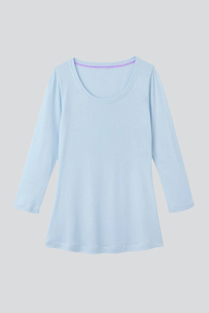 Elegant women's cotton-modal blend t-shirt displayed in various colours, available in UK sizes 8-16, perfect for every season.