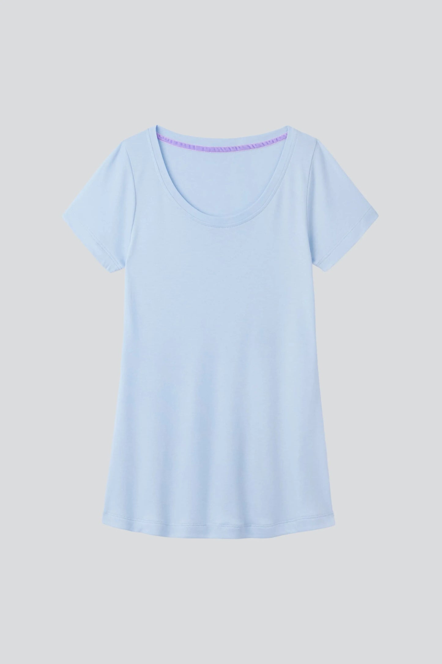 Close-up view of the stylish scoop neck detail of the women's cotton modal blend t-shirt, highlighting its premium quality and comfort.