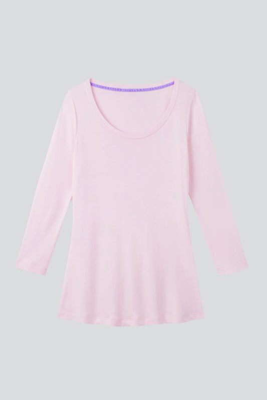 Close-up of the luxurious fabric and scoop neckline of a women's 3/4 sleeve t-shirt, exemplifying style and comfort for versatile wardrobe essentials.
