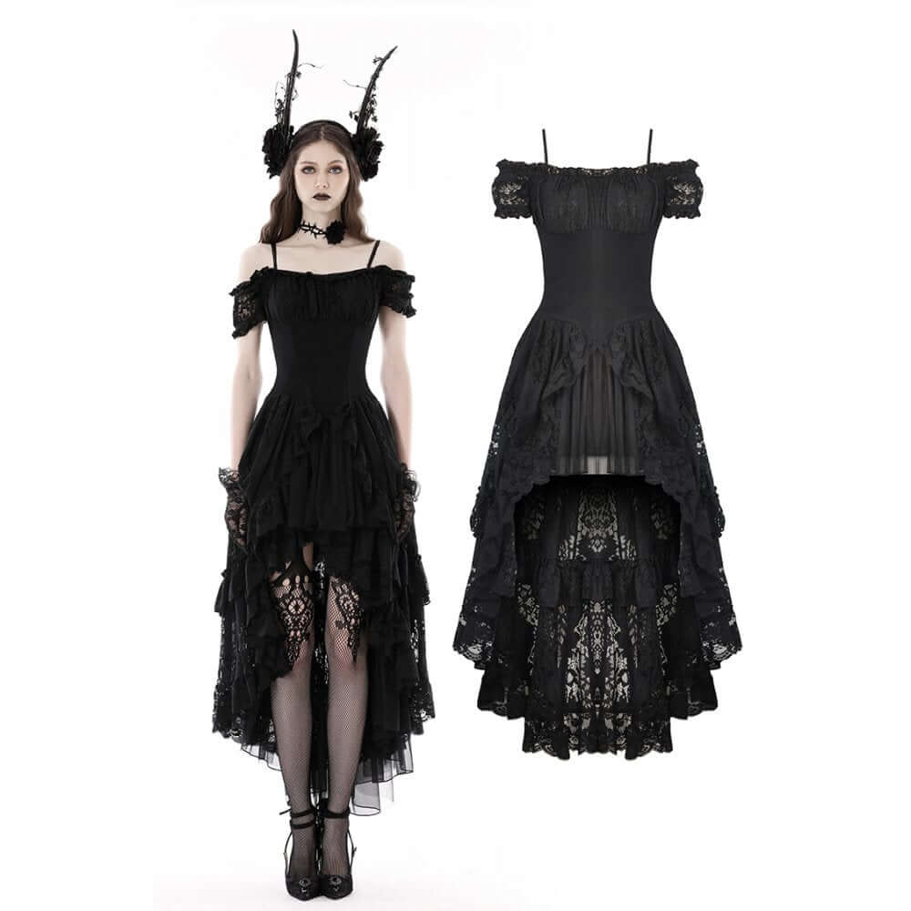 Elegant Dark In Love Lilinoe Off Shoulder Dress with Lace-Up Back featuring delicate lace details, perfect for formal occasions.