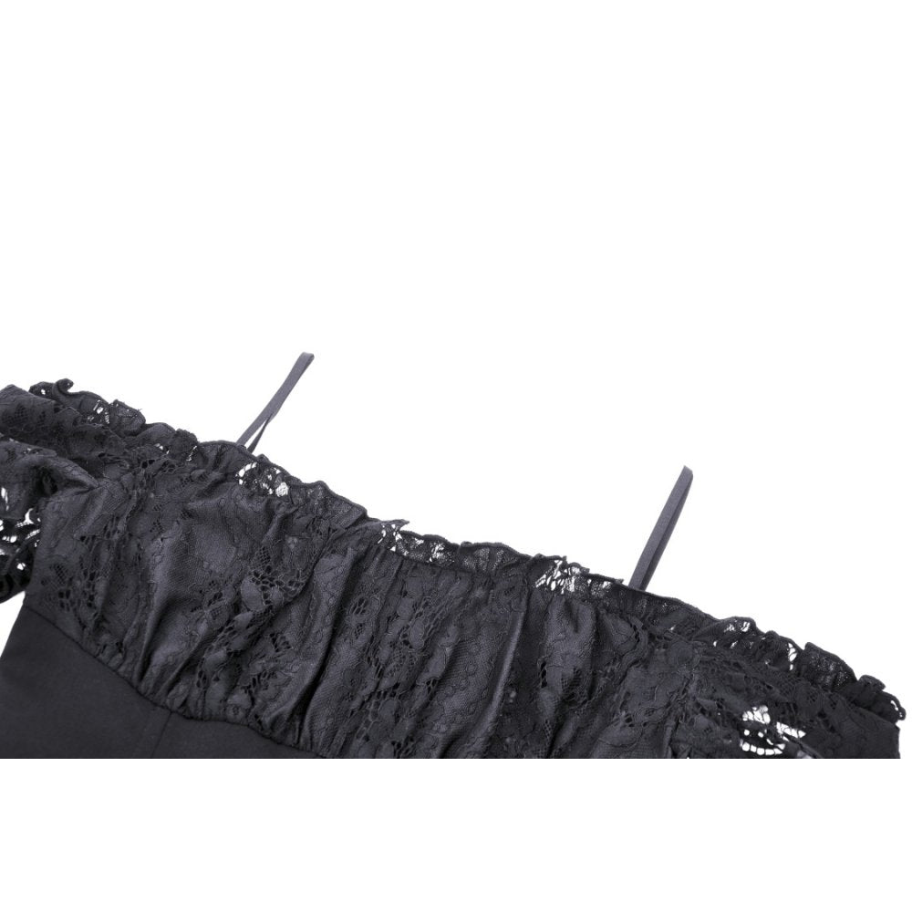 The Dark In Love Lilinoe Off Shoulder Dress displayed elegantly on a mannequin, emphasising its refined silhouette and luxurious design.