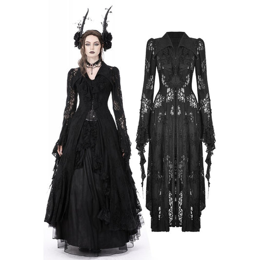 Elegant Dark In Love women's gothic lace coat featuring a pointed collar, ruffles, and extra long sleeves, perfect for adding a sophisticated gothic touch to any outfit.