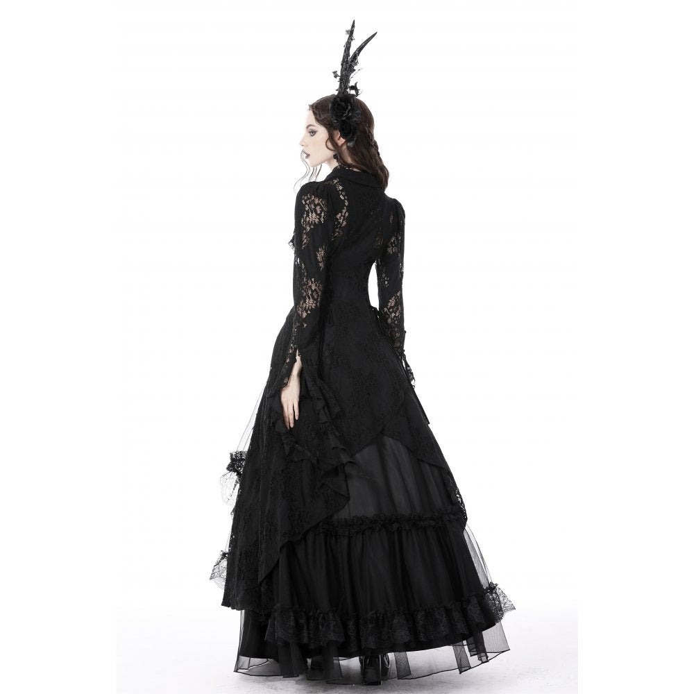 Dark In Love women's gothic lace coat showcasing elegant pointed collar and ruffle detail, perfect for adding a luxurious gothic touch to any outfit.