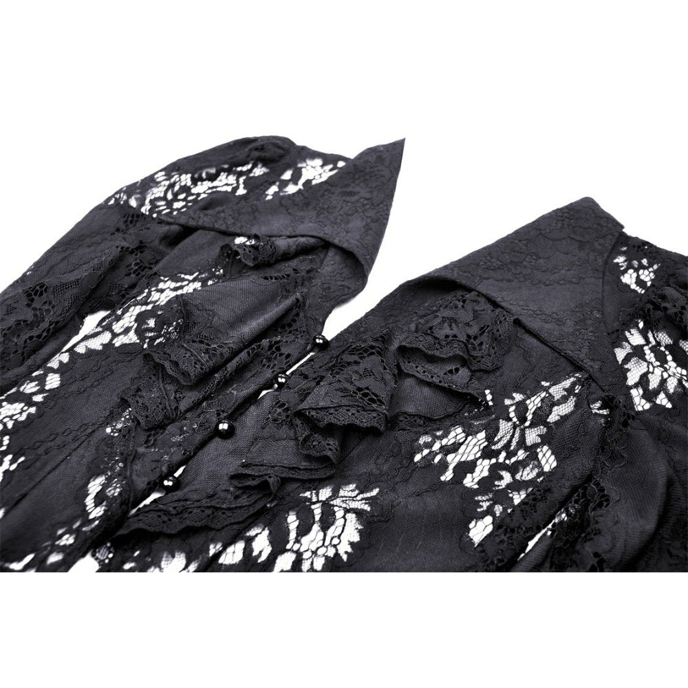 Side view of Dark In Love gothic lace coat with extra long sleeves, highlighting exquisite craftsmanship and feminine style.