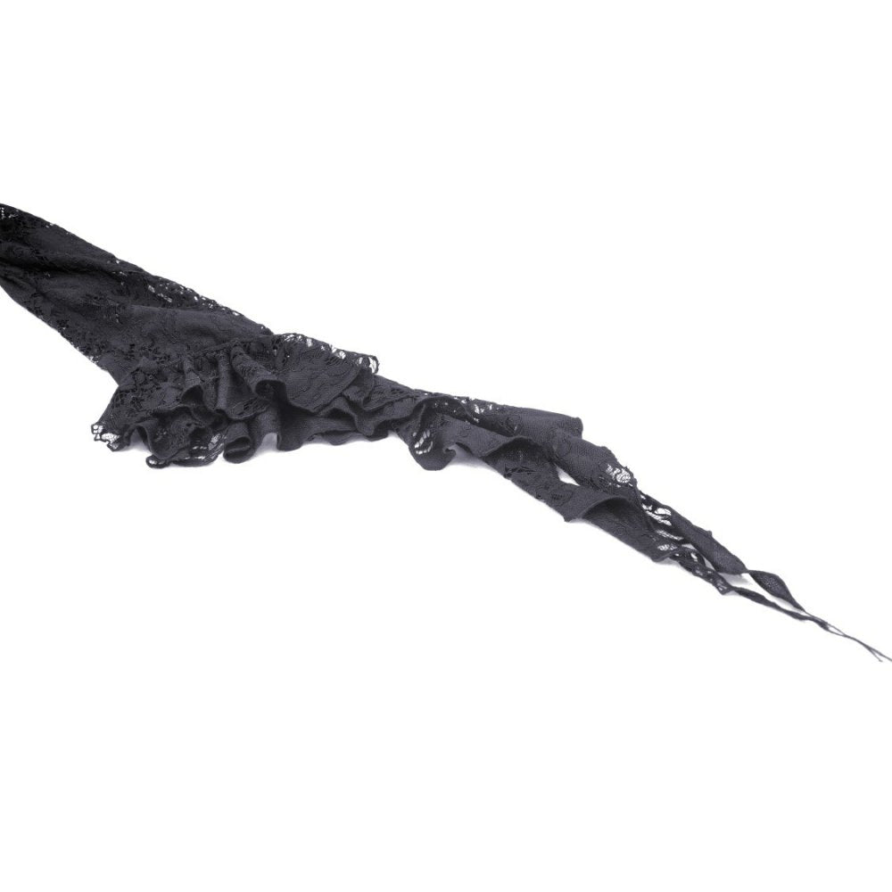 Close-up of ruffle detail and button fastening on Dark In Love women's gothic lace coat, emphasizing luxurious textures and gothic elegance.