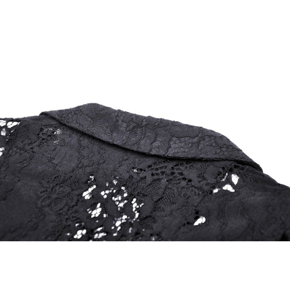 Model wearing Dark In Love lace coat in a stunning gothic style setting, showcasing the dramatic effect of its design and fit.