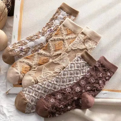 Soft cotton luxury socks featuring delicate lace detail and 3D flower embroidery, crafted by Dazzling Dreams Studio for a sophisticated look.