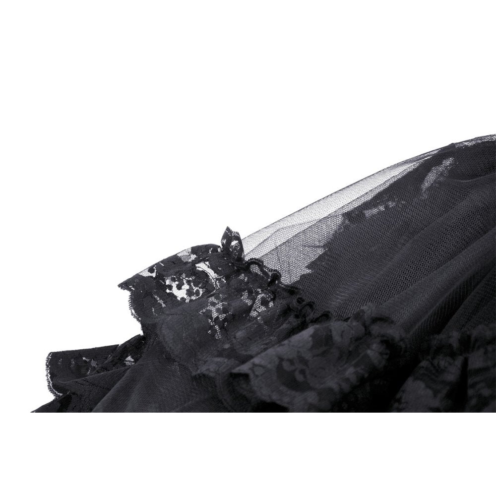 Close-up of the exquisite black lace detailing on the Dark In Love Lolisa High-Low Skirt, highlighting its luxurious texture.