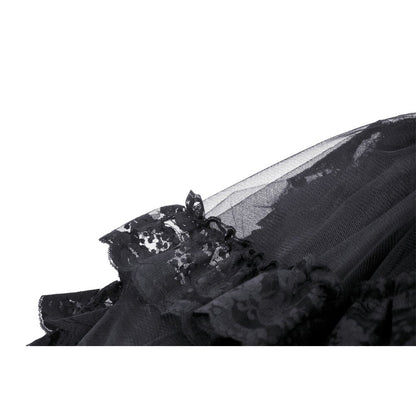 Close-up of the exquisite black lace detailing on the Dark In Love Lolisa High-Low Skirt, highlighting its luxurious texture.