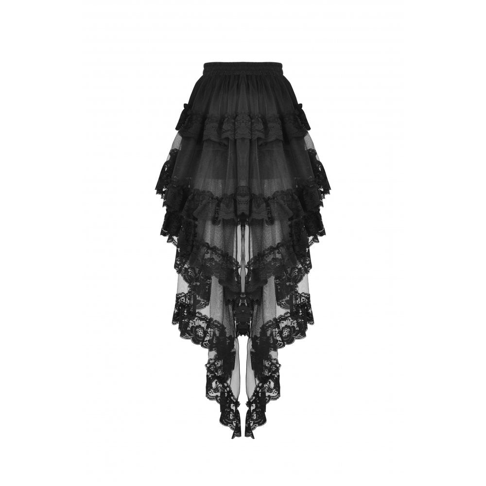 Full length display of the Dark In Love Lolisa High-Low Skirt adorned with black lace, epitomizing chic elegance for any occasion.