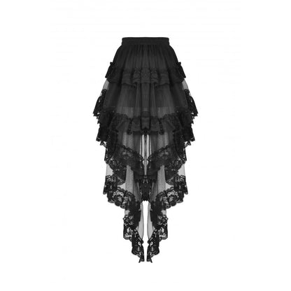 Full length display of the Dark In Love Lolisa High-Low Skirt adorned with black lace, epitomizing chic elegance for any occasion.