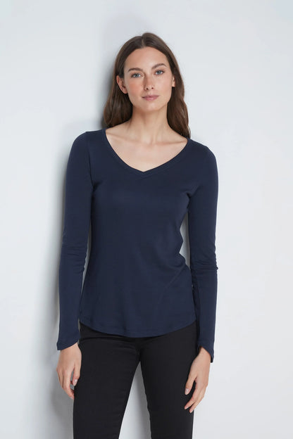 Various colour options of the luxurious women's long sleeve V neck t-shirt, featuring the soft cotton-modal blend perfect for effortless layering.