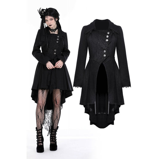 Luxurious Dark In Love Lorelei Tail Coat featuring intricate lace decor and a fitted design that highlights the waist, perfect for gothic fashion enthusiasts.