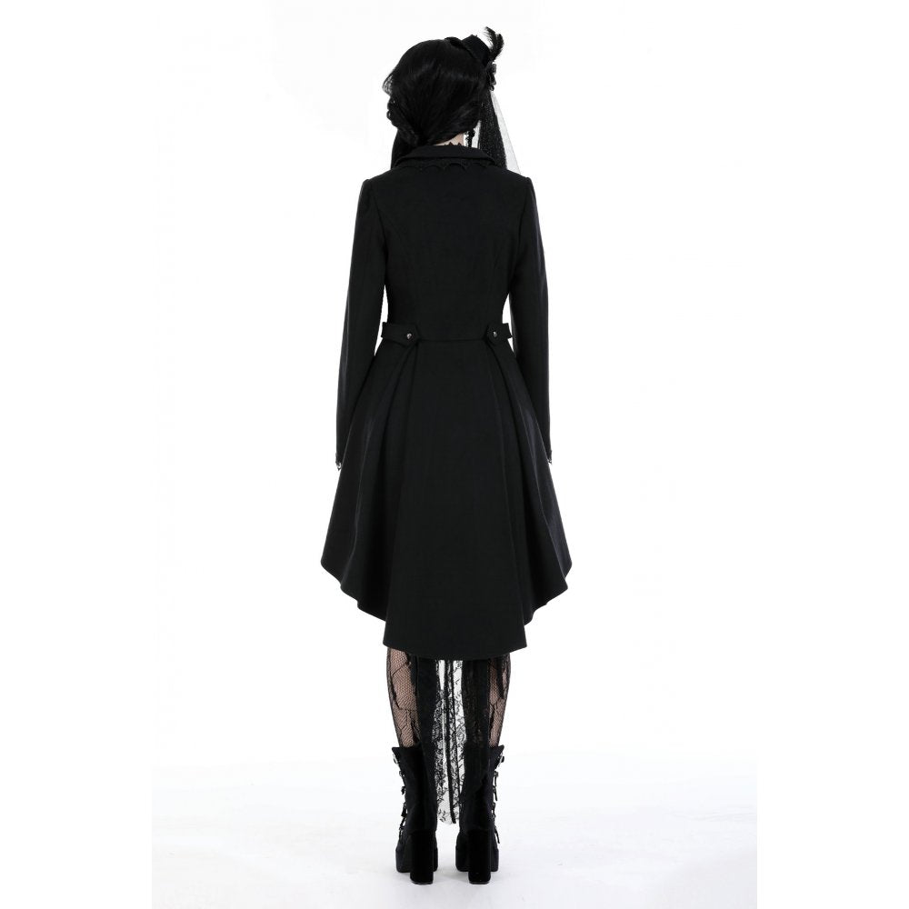 Elegant view of the Dark In Love Lorelei Tail Coat showcasing its dramatic tail design and decorative buttons, ideal for a sophisticated gothic outfit.