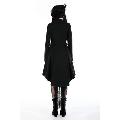 Elegant view of the Dark In Love Lorelei Tail Coat showcasing its dramatic tail design and decorative buttons, ideal for a sophisticated gothic outfit.