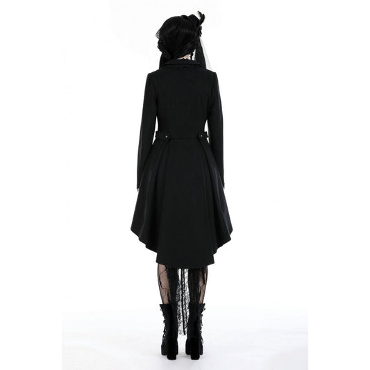 Elegant view of the Dark In Love Lorelei Tail Coat showcasing its dramatic tail design and decorative buttons, ideal for a sophisticated gothic outfit.