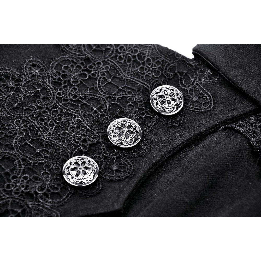 Elegant Dark In Love Lorelei Tail Coat showcasing gothic fitted design with lace decor and dramatic tail, perfect for a sophisticated and luxurious look.