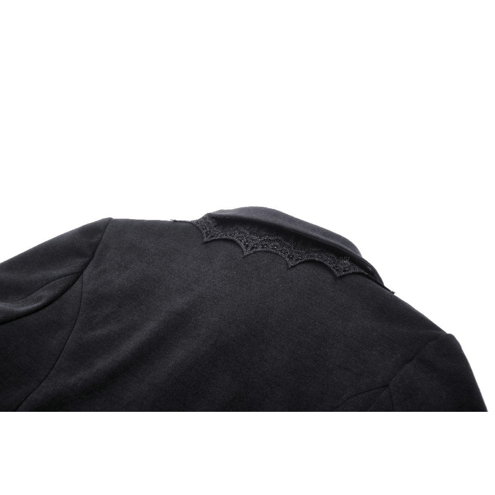 Model wearing the Dark In Love Lorelei Tail Coat, illustrating the flattering fitted silhouette and dramatic tail that embodies gothic luxury style.