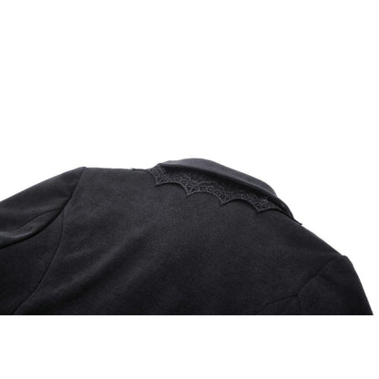 Model wearing the Dark In Love Lorelei Tail Coat, illustrating the flattering fitted silhouette and dramatic tail that embodies gothic luxury style.