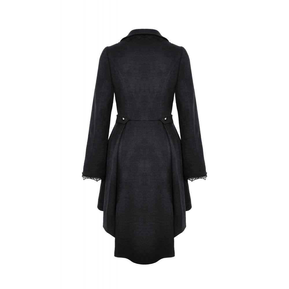 Model wearing the Dark In Love Lorelei Tail Coat, highlighting the tailored waist and stylish lace décor for a stunning silhouette.