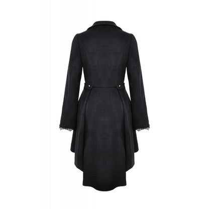 Model wearing the Dark In Love Lorelei Tail Coat, highlighting the tailored waist and stylish lace décor for a stunning silhouette.