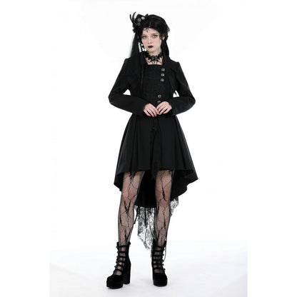 Luxurious Dark In Love Lorelei Tail Coat showcasing its gothic fitted design, accentuated waist, and intricate lace décor, perfect for elegant evening wear.