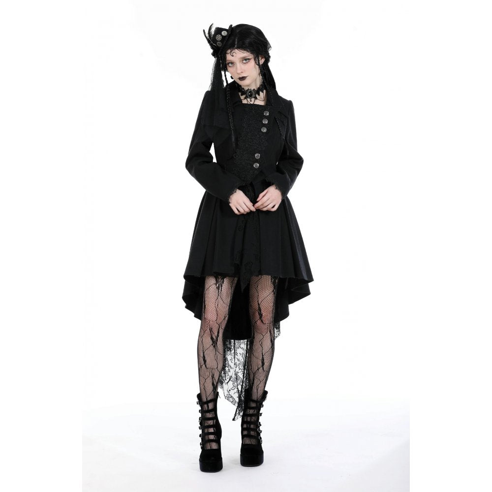 Side view of the Dark In Love Lorelei Tail Coat featuring decorative buttons and a stunning silhouette, ideal for gothic fashion enthusiasts.